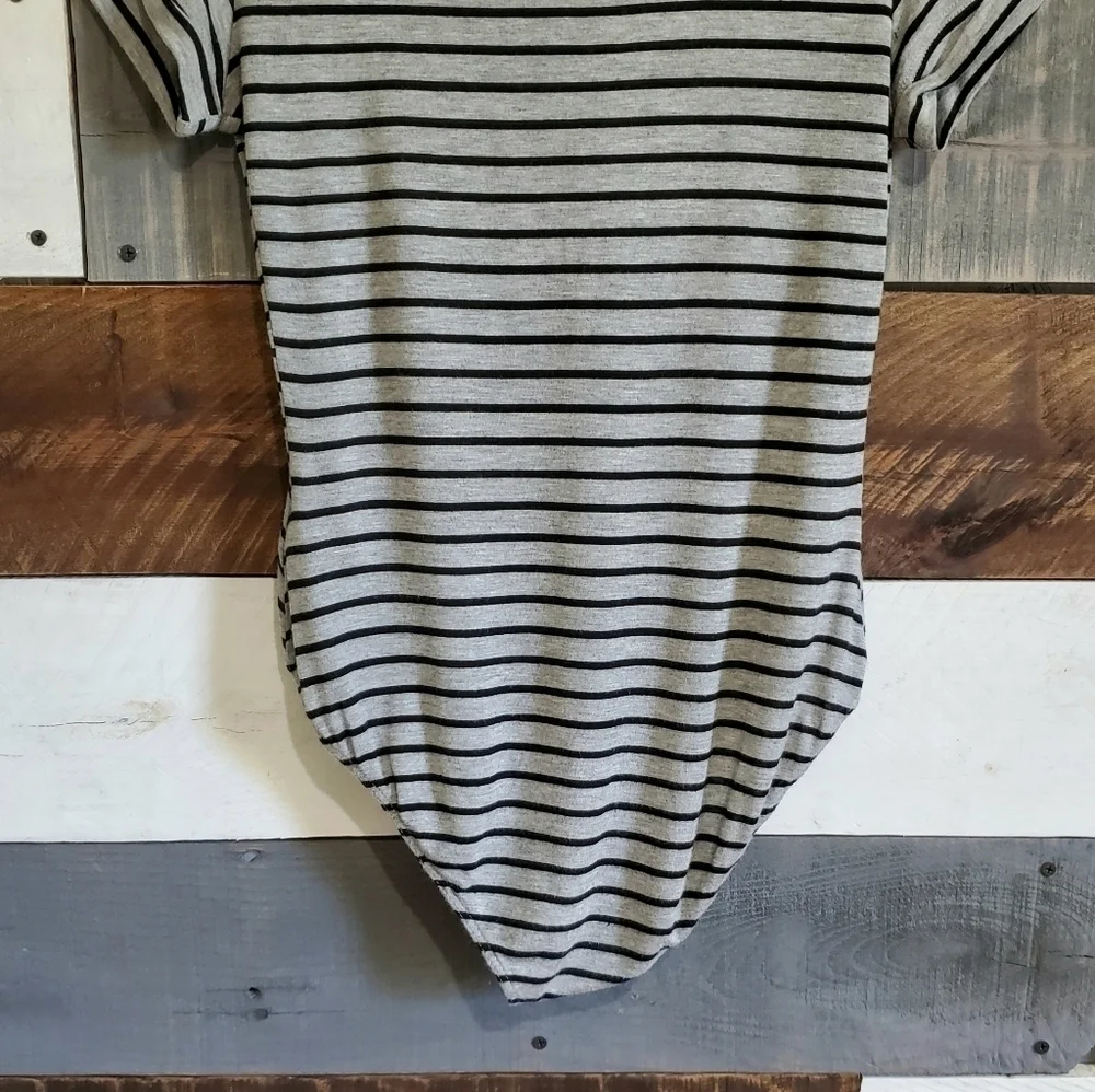 Free People Grey Black Striped Me Oh My V Neck Short Sleeves Bodysuit Size Small